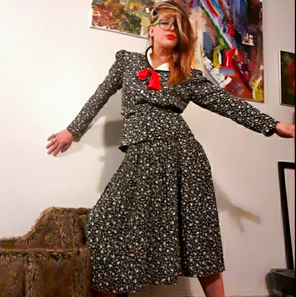 70's does 40's geometric Act I Petites skirt set - Picture 3 of 16